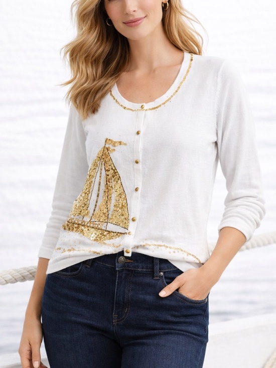 Jack.be.Quick Tops - Vintage Sequin Sailboat Cardigan White Gold Button-Up Sweater Size L